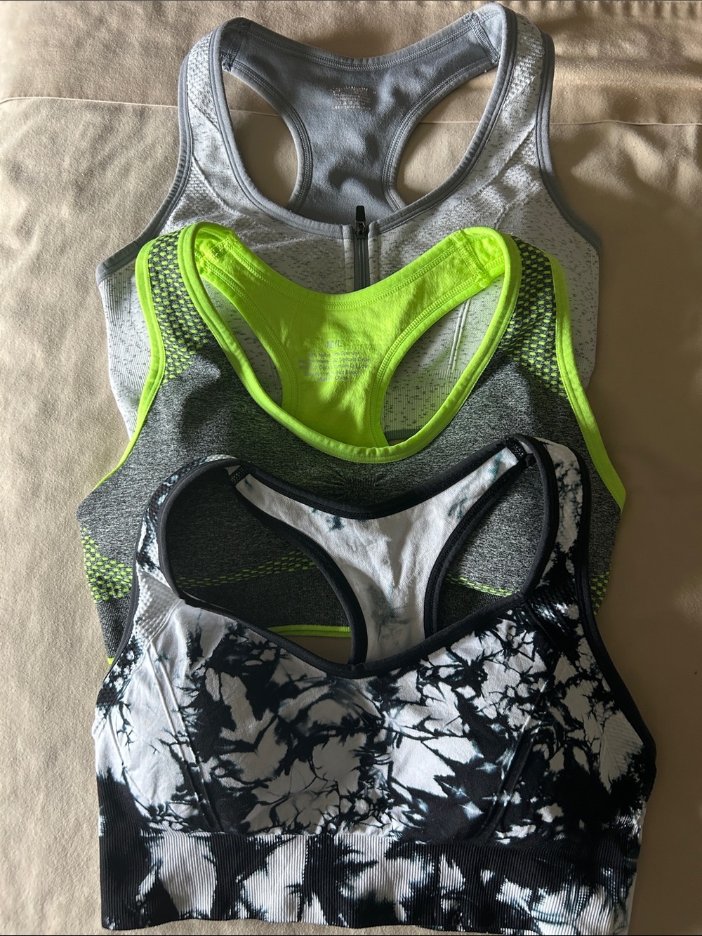Tie-Dye Black & White Racerback Sports Bra — Neon Green & Gray Options